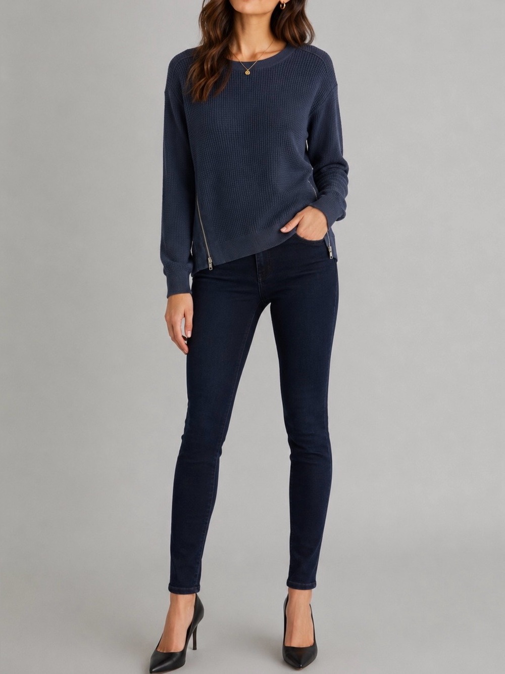 Autumn Cashmere cotton waffle sweater with zipper details - size S